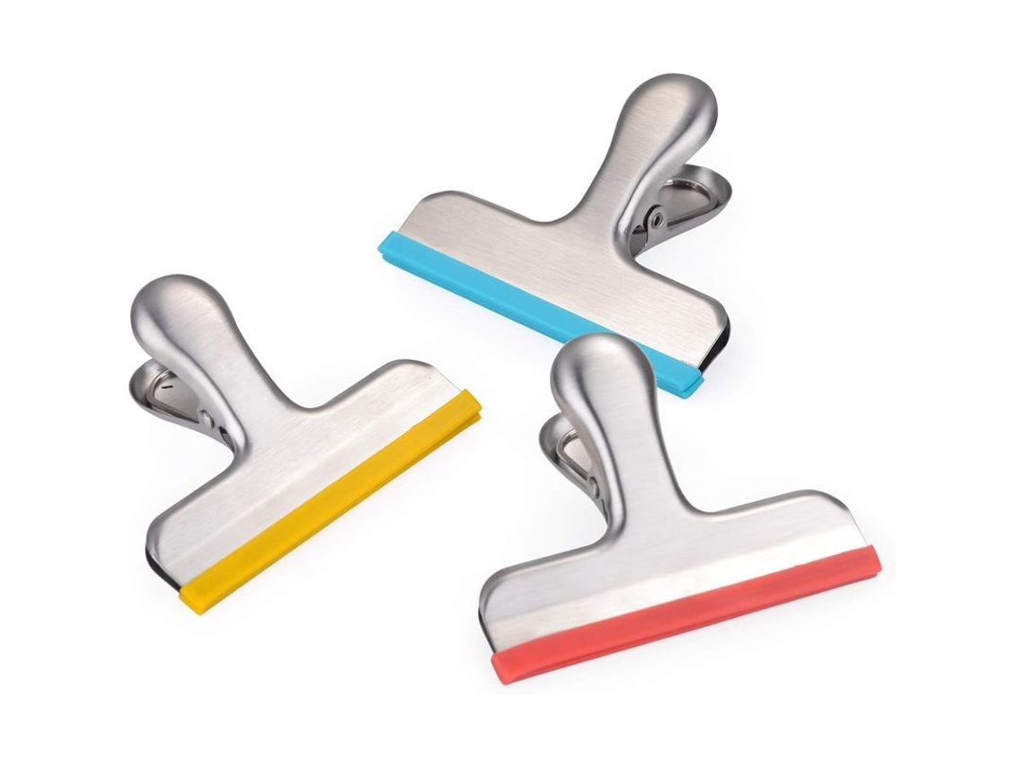 2026 12 Pinças para Saches de Chips com Silicone, Sem Bordas Afiadas, 3 Cores, Herméticas, Aço Inoxidável, 7,6 Cm de Largura