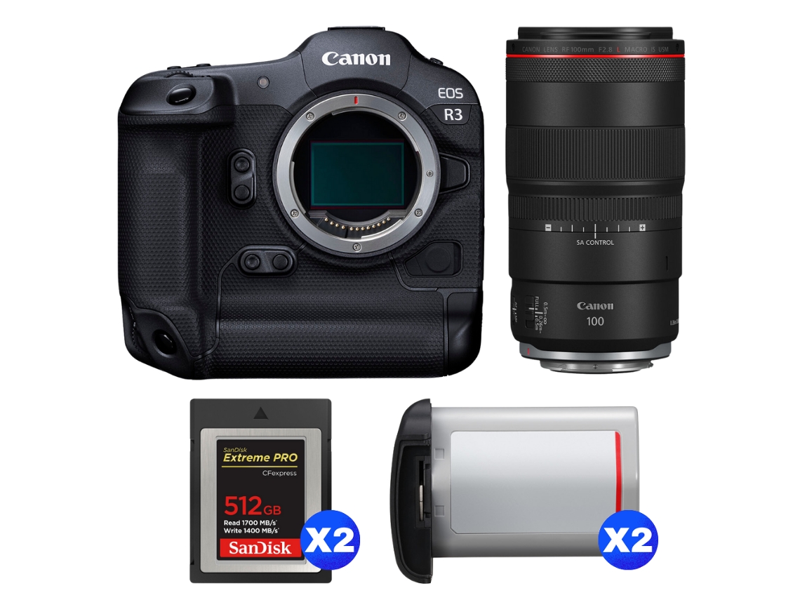 Eos R3 + Rf 100mm F/2.8 L Macro Is Usm + 2 Sandisk 512gb Extreme Pro Cfexpress Type B + 2 Canon Lp e19 + Ebook Pricedirect CANON