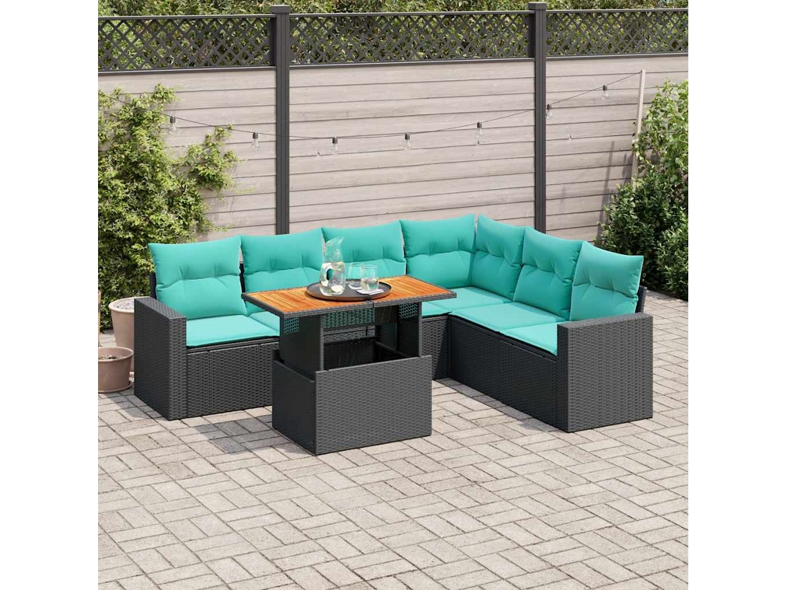 Vidaxl 7 Pcs Conjunto De Sofás P/ Jardim C/ Almofadões Vime Pe Preto