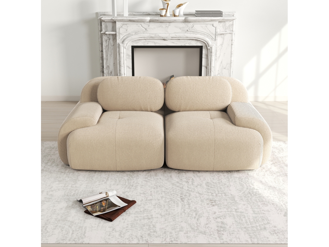 Sofá Love Seat Veludo Cotelê Modular, Sem Moldura, Braços Curvos, Base Antiderrapante, Estofamento Elástico Para Sala, Quarto, Home Theater, Bege.