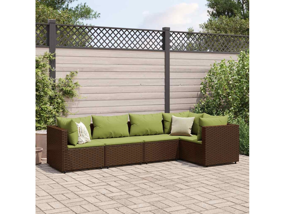 Vidaxl 5 Pcs Conjunto Lounge Jardim C/ Almofadões Vime Pe Castanho