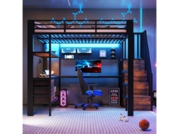 Cama alta metálica 140x200 cm com secretária, prateleira, gaveta, painel perfurado, tomada e LED, preta VSOGA