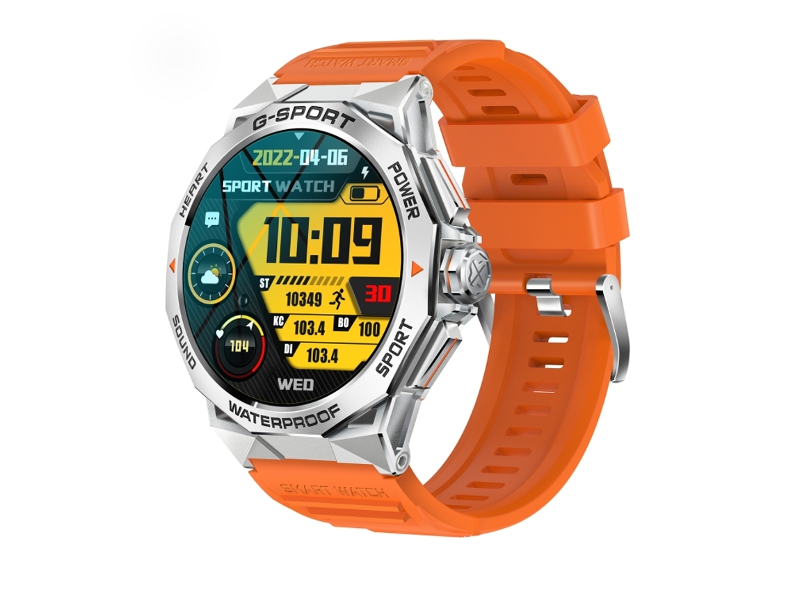 (Roxo e Laranja) Smartwatch com tela AMOLED redonda de 1,43 polegadas e suporte para chamadas Bluetooth.