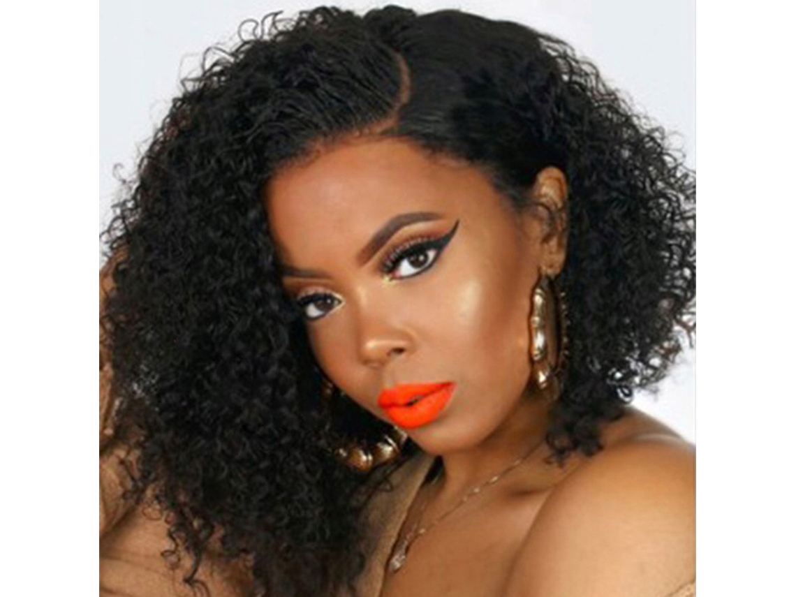 Peluca Afro Rizada Corta Para Mujeres Negras Con Flequillo Lateral
