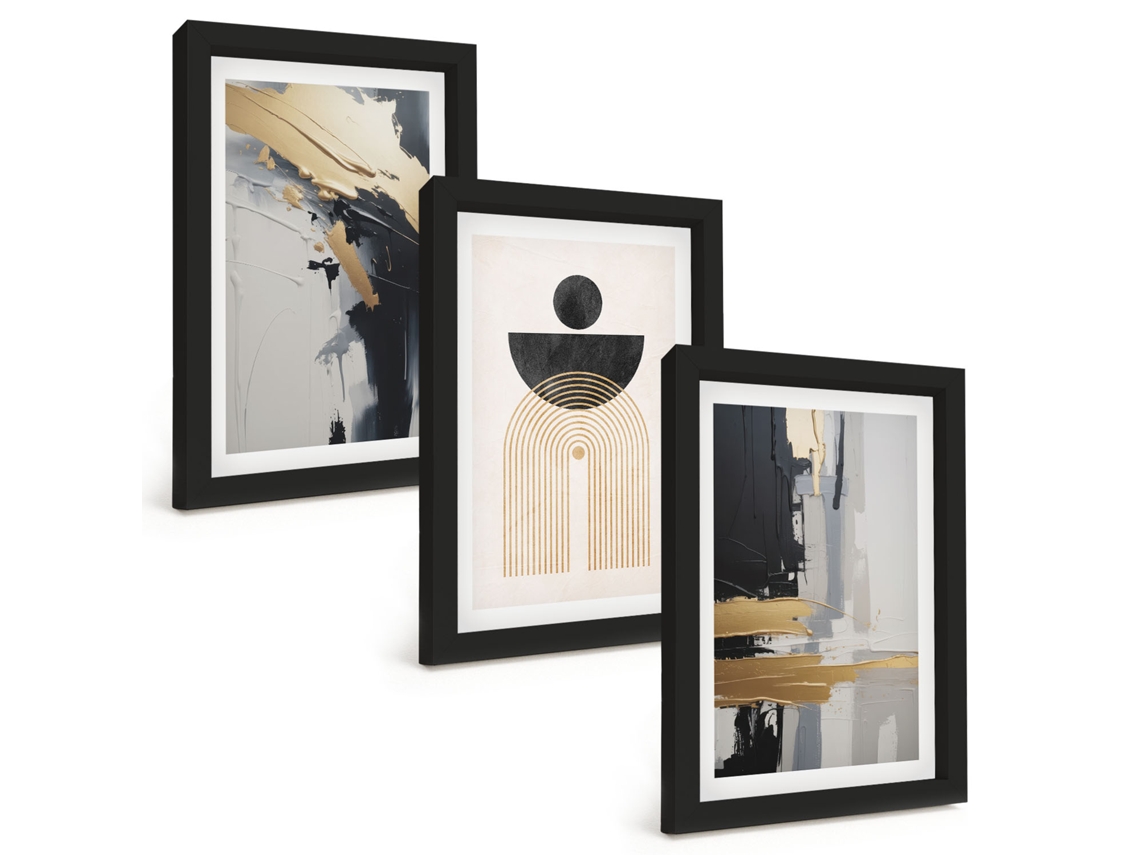 Composição De Quadros Na Paredegeometria Abstrata, Elegância Moldura Preta Quadros Para A Sala De Estar Espelharte (3 Peças 20x30 Cm)