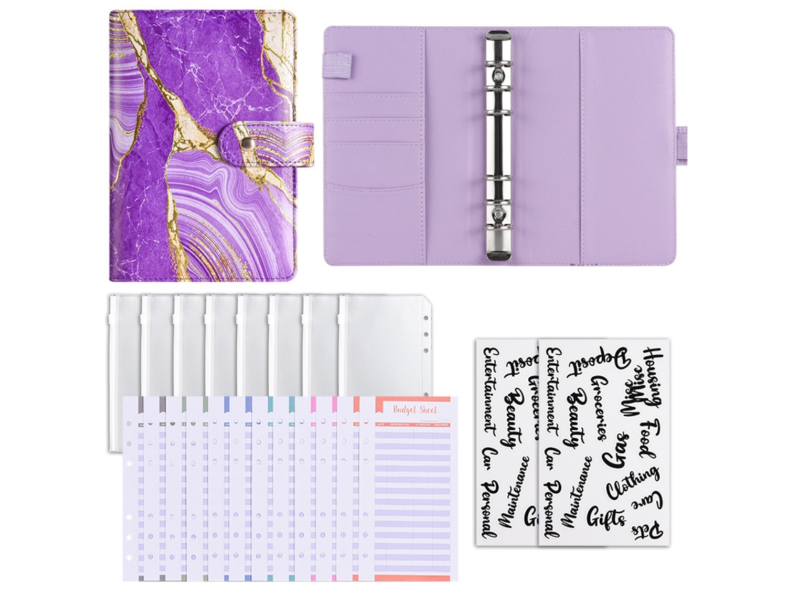 A6 Pu Leather Loose Leaf Journal With Zippered Pouch, Colorful Printed Cash Budget Notebook, Standard Gift Set Purple