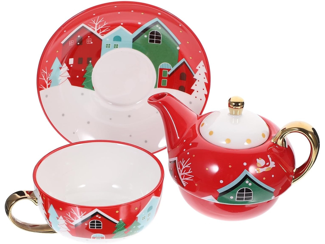 Conjunto De Chá De Natal Em Cerâmica, Bule E Xícara De 420ml.