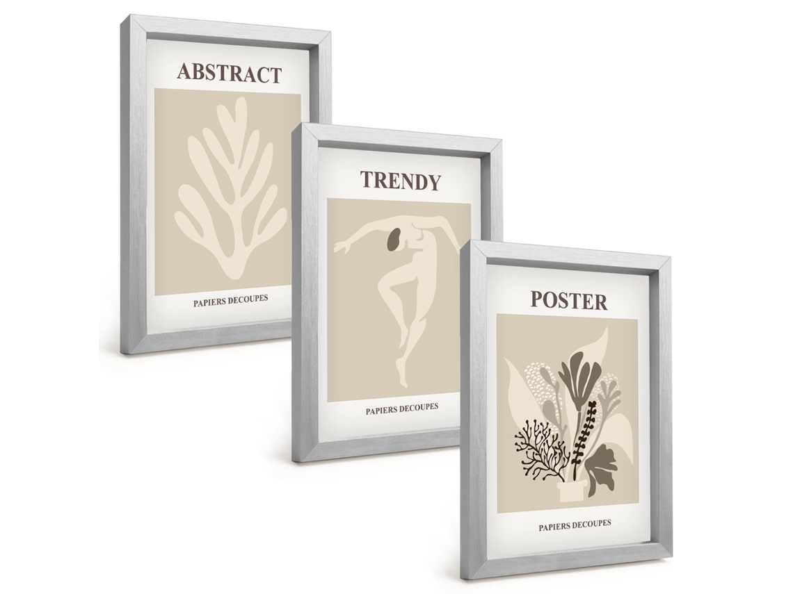 Composição De Quadros Padrões De Plantas Em Tons De Bege E Marrom Espelharte (3 Peças 20x30 Cm)
