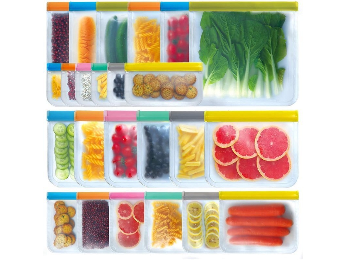 Sacos De Armazenamento Alimentar Reutilizáveis Com Selagem Dupla Aprimorada - 24 Pacotes (6 Galão, 6 Grandes, 6 Sanduíche, 6 Lanche)