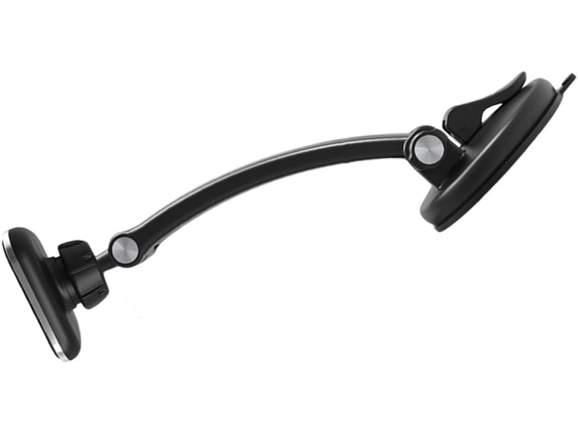 Suporte veicular para celular feito de plástico e silicone, fácil de instalar.