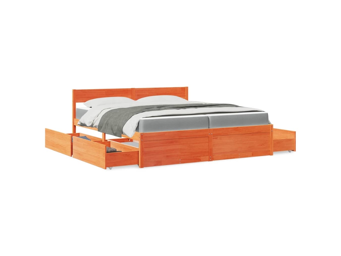 Vidaxl Cama Com Gavetas E Colchão 200x200 Cm Pinho Maciço Castanho-mel