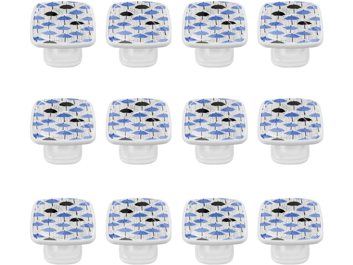 Puxadores E Botões Quadrados Para Gavetas Armários, Conjunto De 12 Peças, Com Guarda Chuvas Azuis Em Fundo Branco