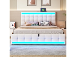 Cama Com Baú Acolchoada 180x200cm - Com Porta Usb - Com Faixa De Luz Led - Linho - Bege (sem Colchão)