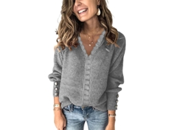 Fasst suéter Casual de Colarinho em V para Mulher com Manga Longa de Poliéster Top Blusa Inverno Outono Primavera