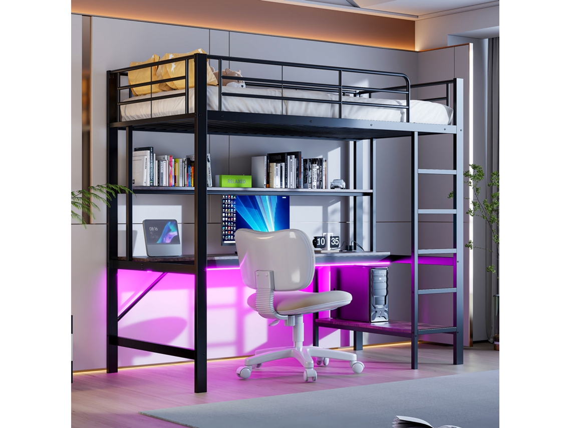 Cama alta, 90*200 cm, com proteção, modelo Escada, entrada USB e tomada elétrica, com luzes LED, sem colchão, estrutura metálica.