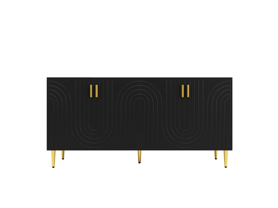 Buffet Preto 152×40×75cm Design Ondulado Único, Punhos E Pés Dourados Para Elegante Espaço De Refeições