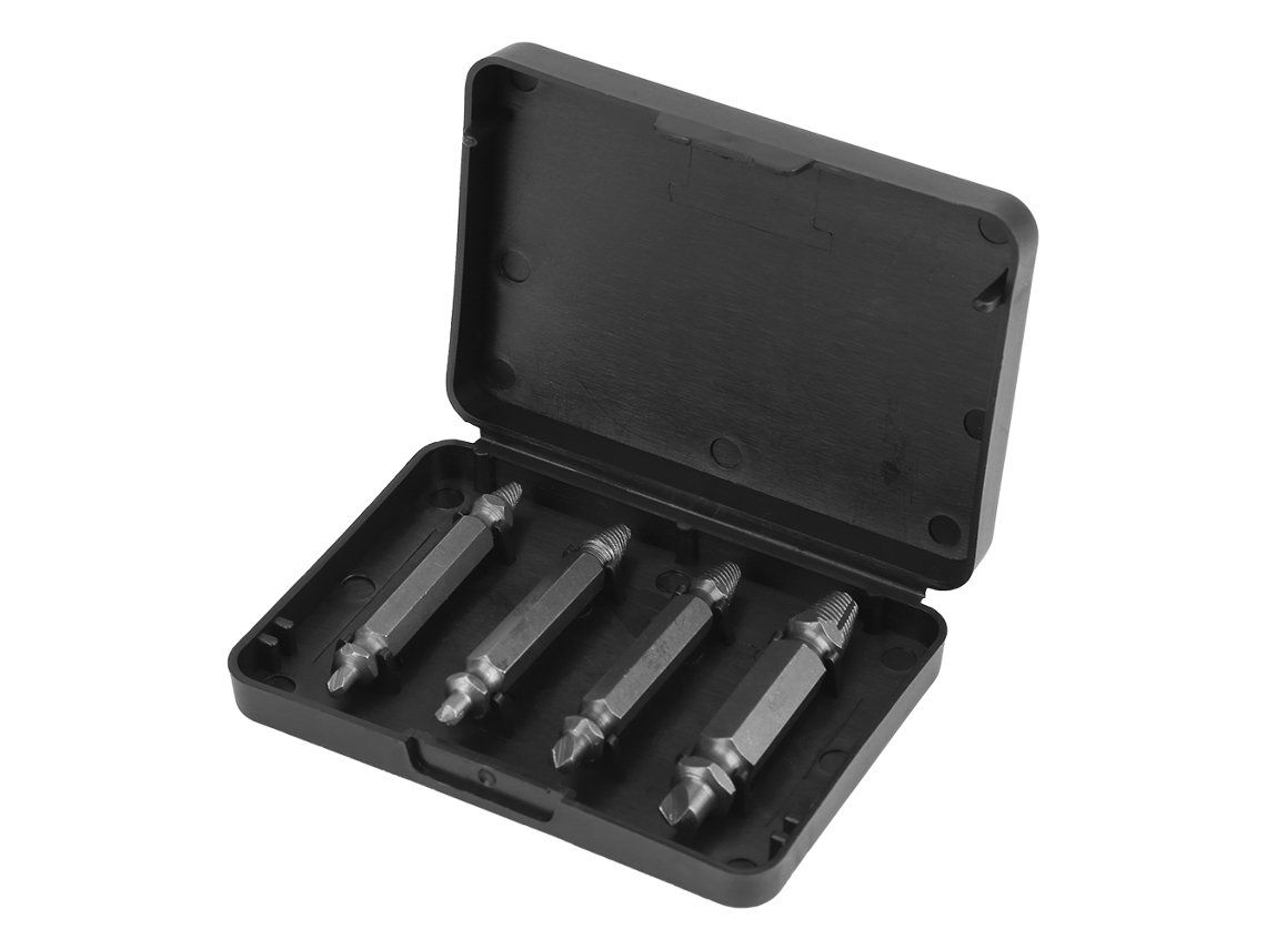 Conjunto de 4 extratores de parafusos danificados, ferramentas para remoção de parafusos riscados, fabricadas em aço liga.