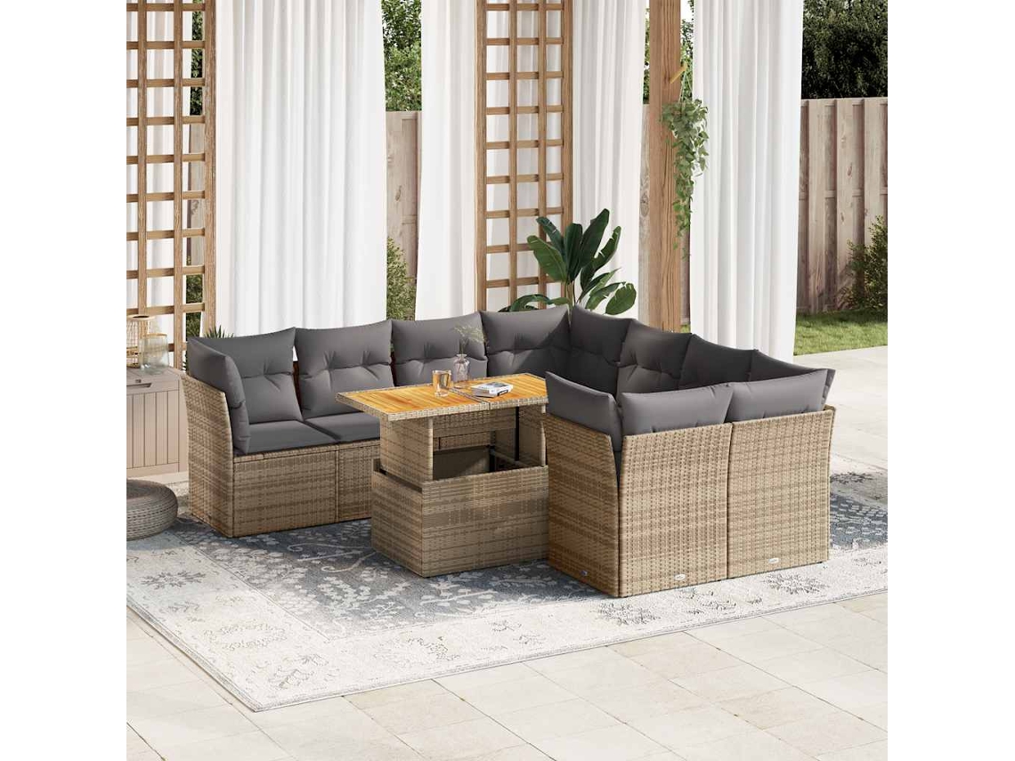 Vidaxl 9 Pcs Conjunto De Sofás P/ Jardim Com Almofadões Vime Pe Bege