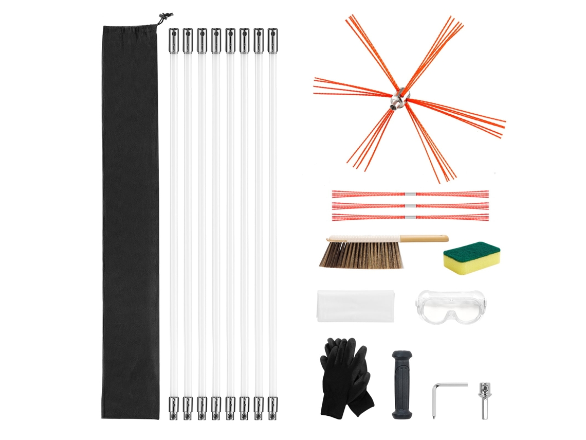 Kit de Escova Limpeza Chaminé, Vareta Flexível Nylon 8 m, Luvas, Óculos, Bolsa, Desentupidor