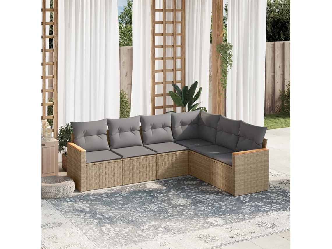 6 Pcs Conjunto De Sofás P/ Jardim Com Almofadões Vime Pe Bege Dkd Home Decor