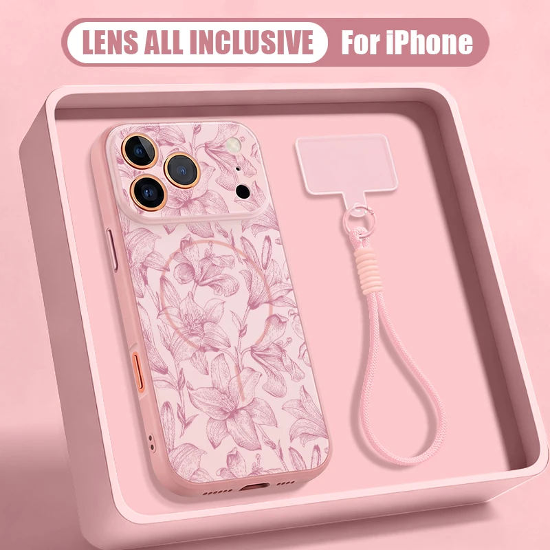 Capa Rígida Para Iphone 14 Pro Com Estampa De Flores De Desenho Animado, Cordão Magnético.