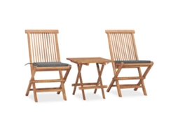 Vidaxl 3 Pcs Conj. Jantar Dobrável Exterior C/ Almofadão Teca Maciça