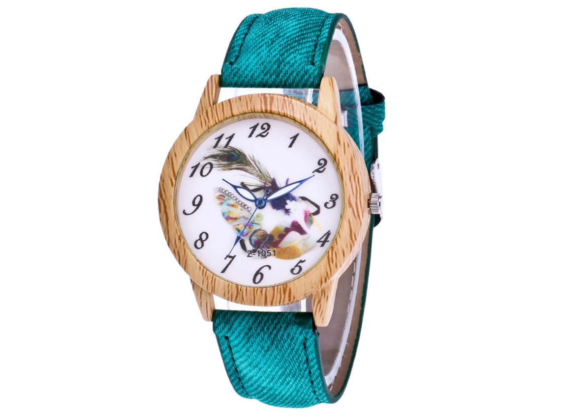 Relógio de Pulso Feminino de Quartzo com Pulseira de Jean Estilo Simples Mostrador Redondo Verde