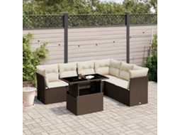 Vidaxl 7 Pcs Conjunto De Sofás Jardim C/ Almofadões Vime Pe Castanho
