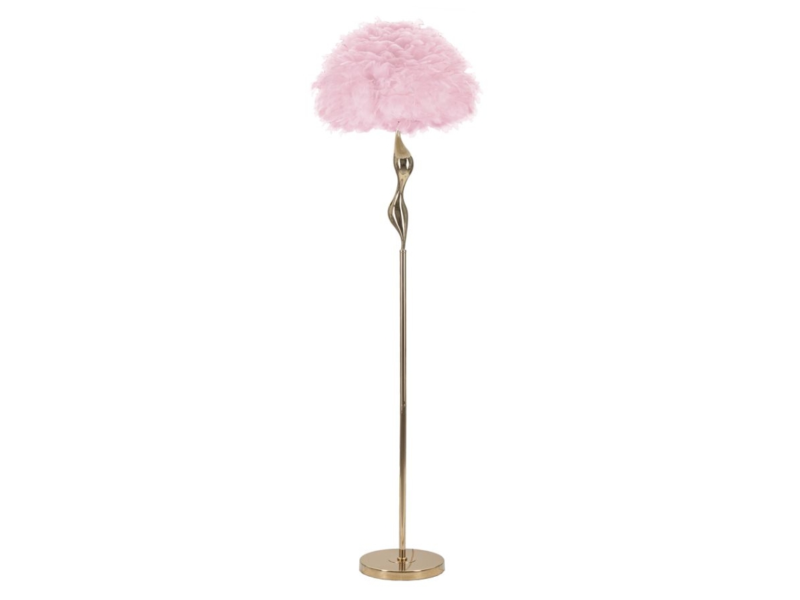 Luminária De Chão Fina Rosa 165cm - Luminária De Chão Glamourosa Com Penas E Estrutura Dourada - Estilo Curvilíneo - E27 40w