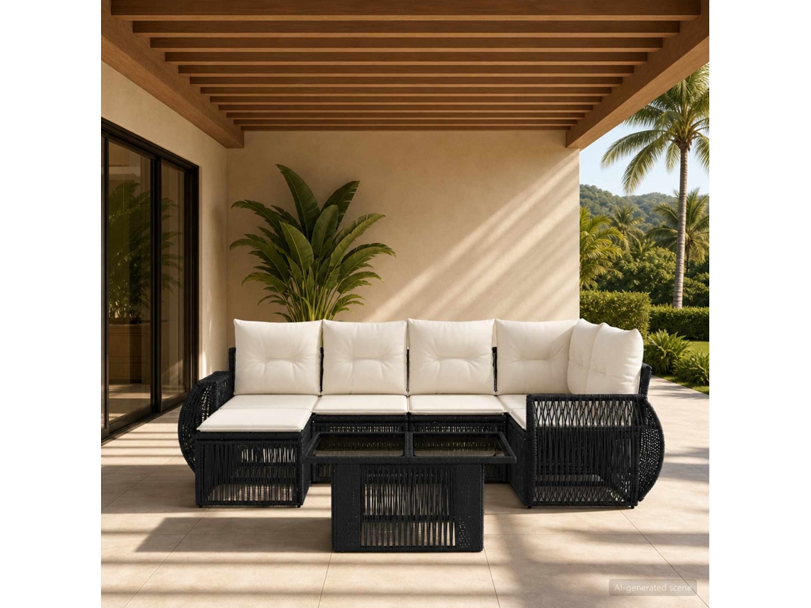 Vidaxl Conjunto De Sofá De Jardim 7 Unid. Preto E Branco Creme Vime Pe