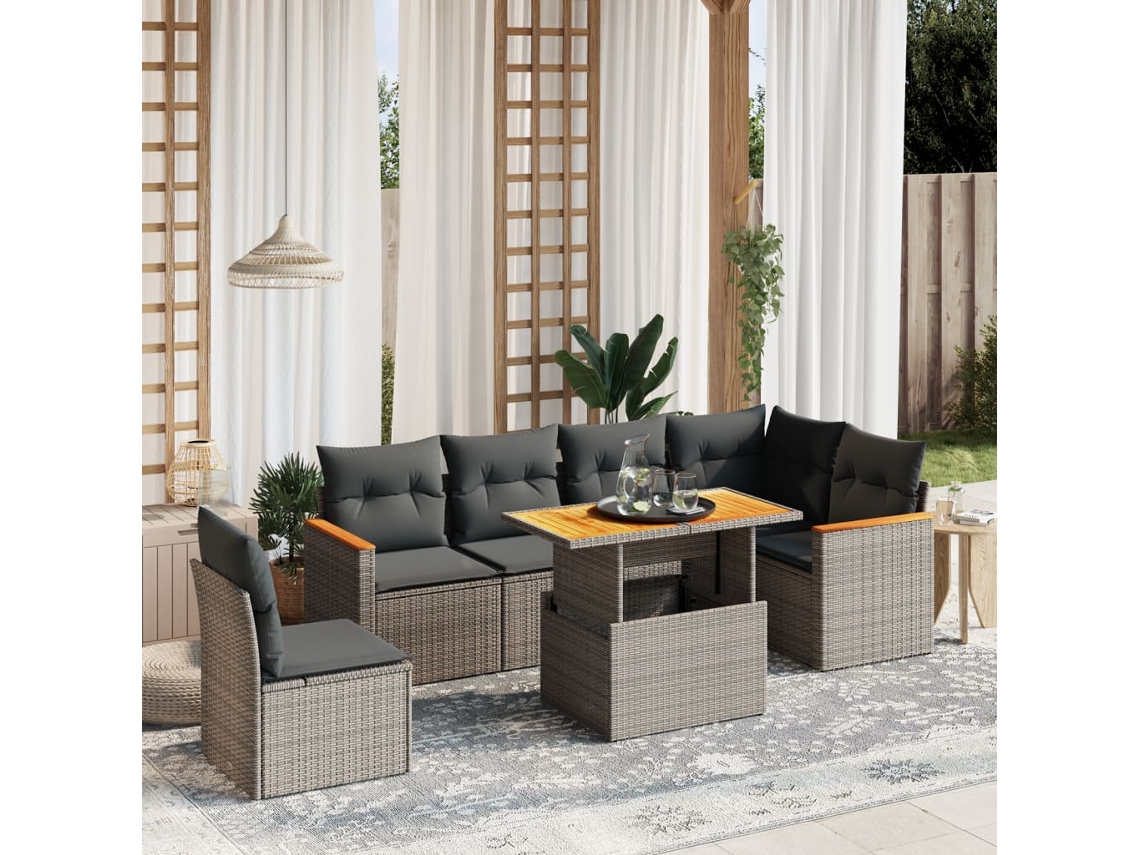 Vidaxl 7 Pcs Conjunto Sofás P/ Jardim C/ Almofadões Vime Pe Cinzento