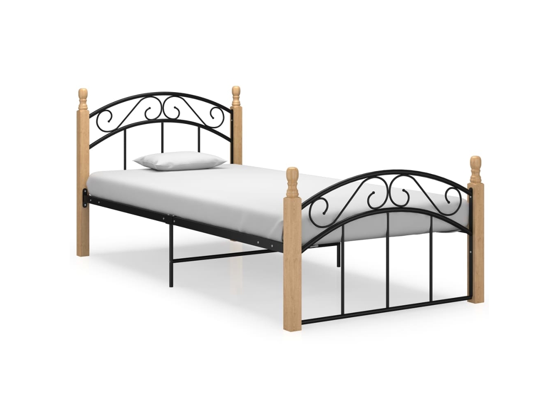 Estrutura De Cama 90x200 Cm Metal/madeira Carvalho Maciça Preto