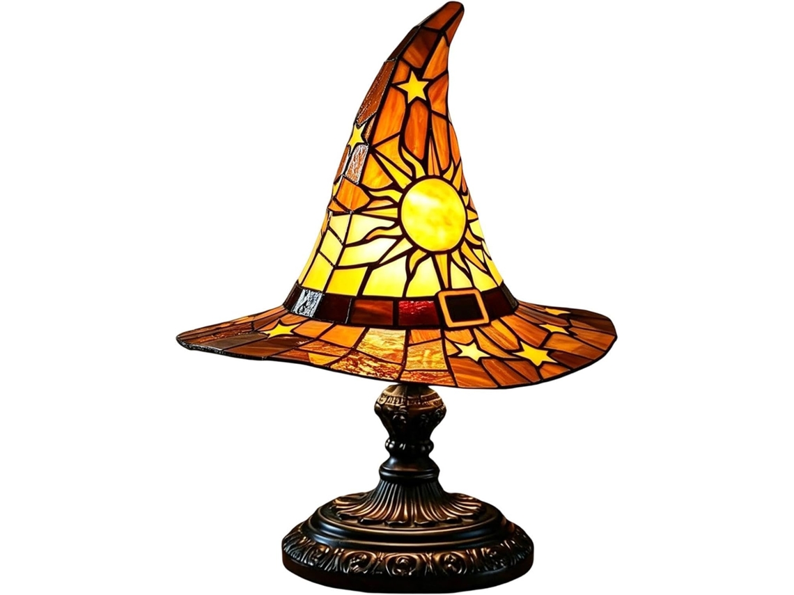 Luminária de bruxa para o Halloween com sol e estrelas assustadores.
