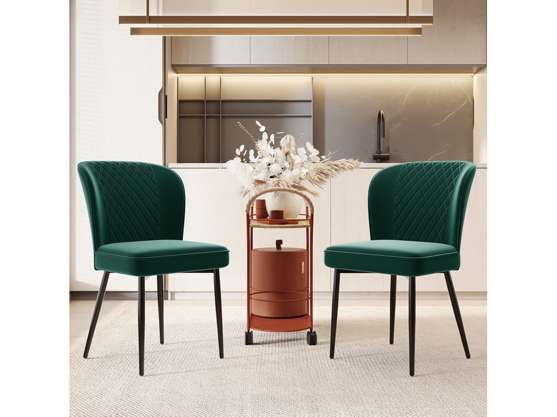 Juego de 2 sillas de comedor verde oscuro con tapizado de diseño, respaldo y asiento de terciopelo y estructura de metal.