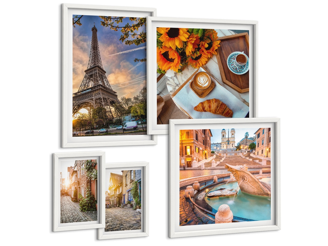 Galeria De Pinturas Murais Ruas De Café, Girassóis Moldura Branca Fotos Para O Escritório Espelharte (conjunto De 5 Imagens)