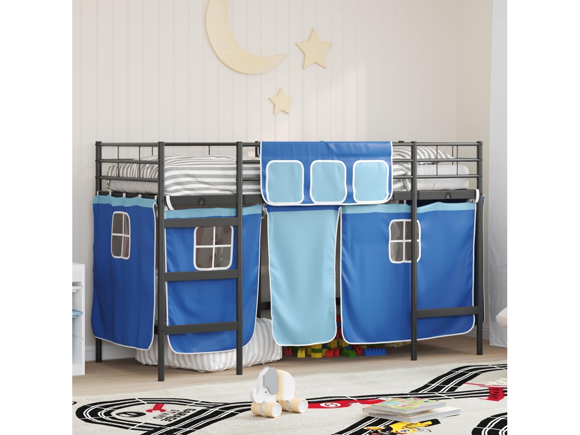 Vidaxl Estrutura de Cama Loft para Crianças com Cortinas Preto e Azul