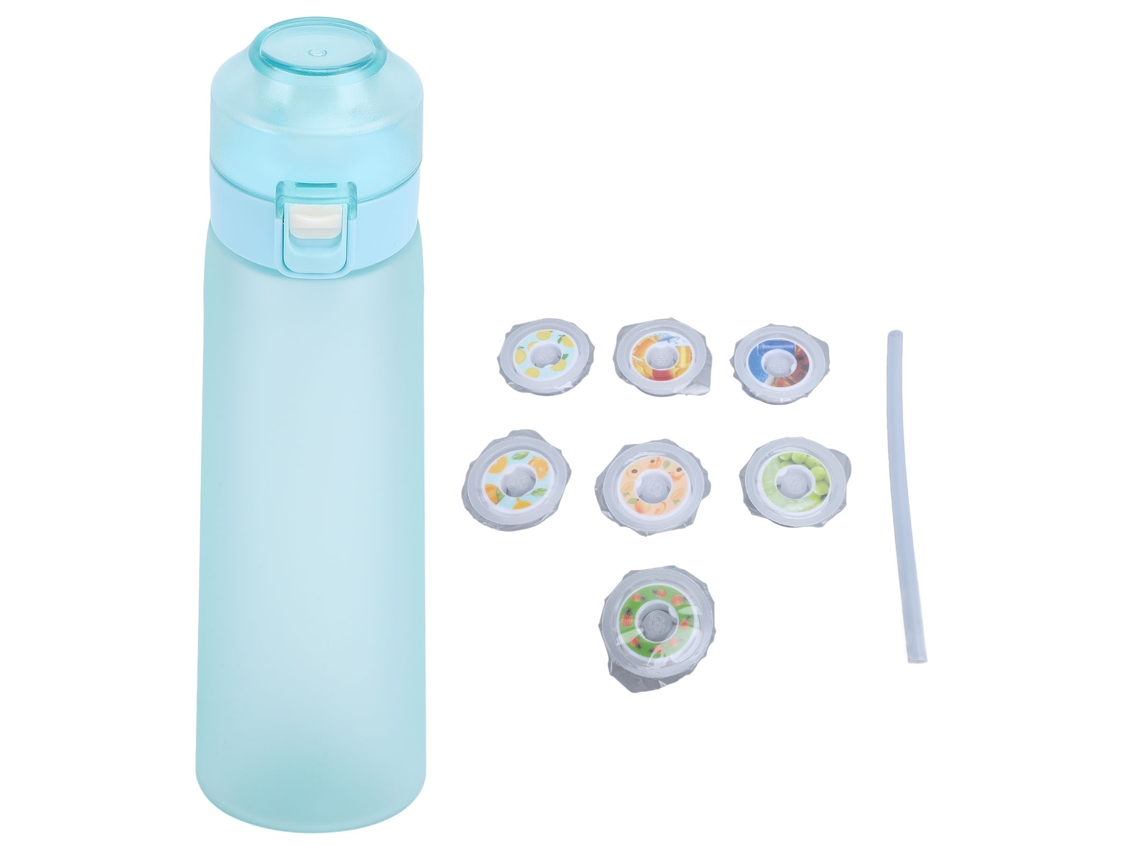 Botella de Água Aromática de 650ml com 7 Cápsulas de Sabores e Canudo para Academia, Casa e Viagem Azul Mate
