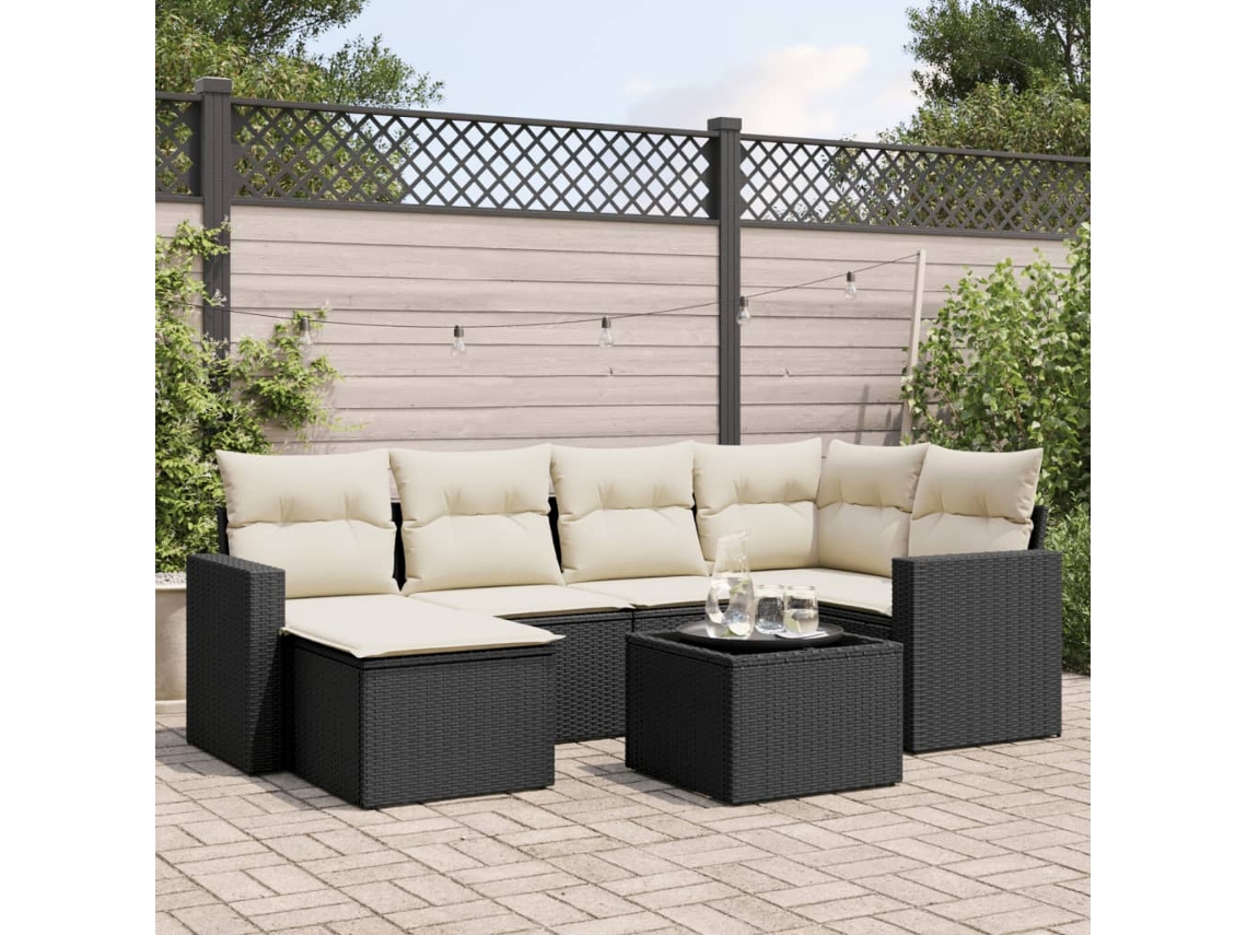 Vidaxl 7 Pcs Conjunto De Sofás P/ Jardim C/ Almofadões Vime Pe Preto