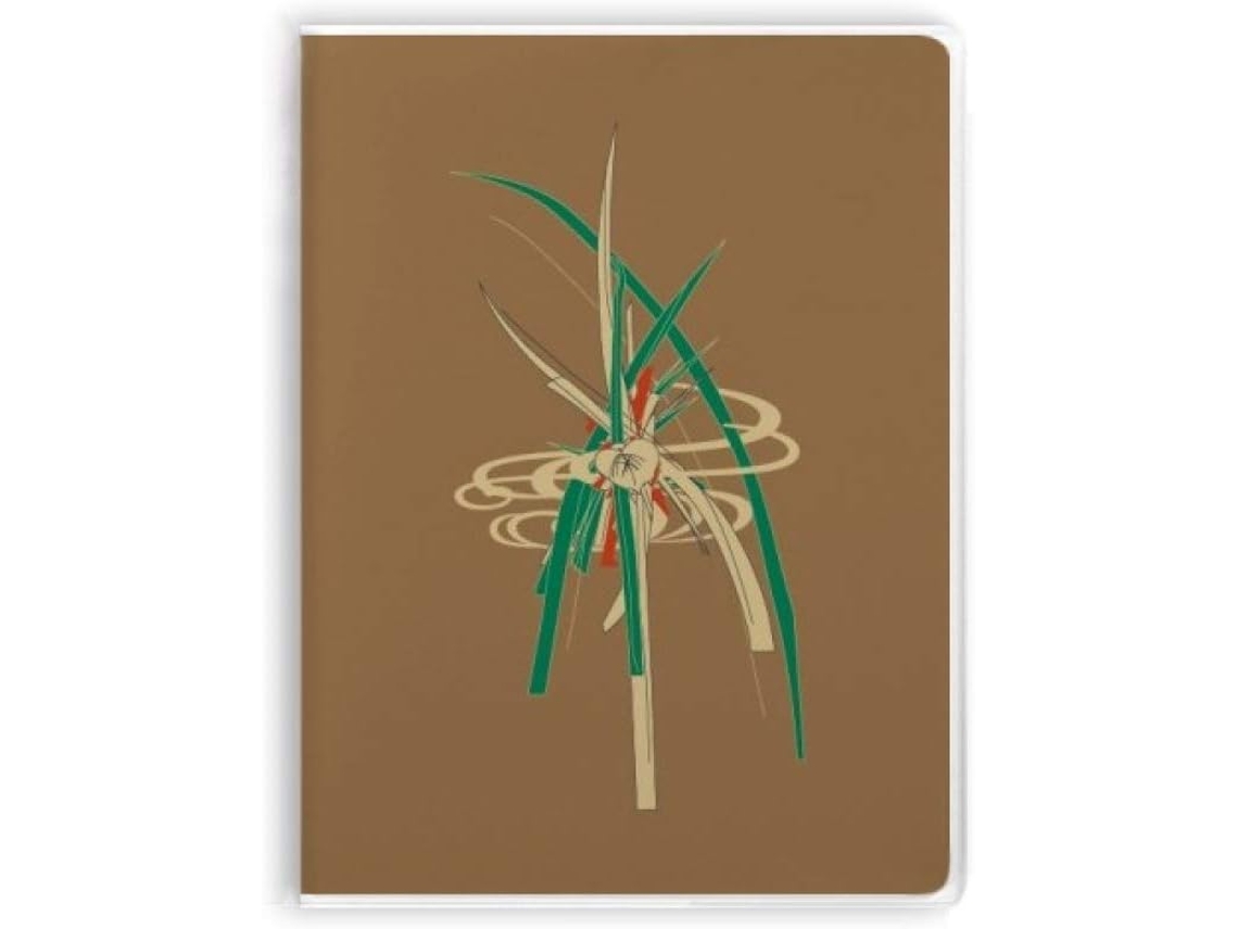 Caderno de anotações com capa estampada com motivos de sopa e folhas da cultura japonesa.