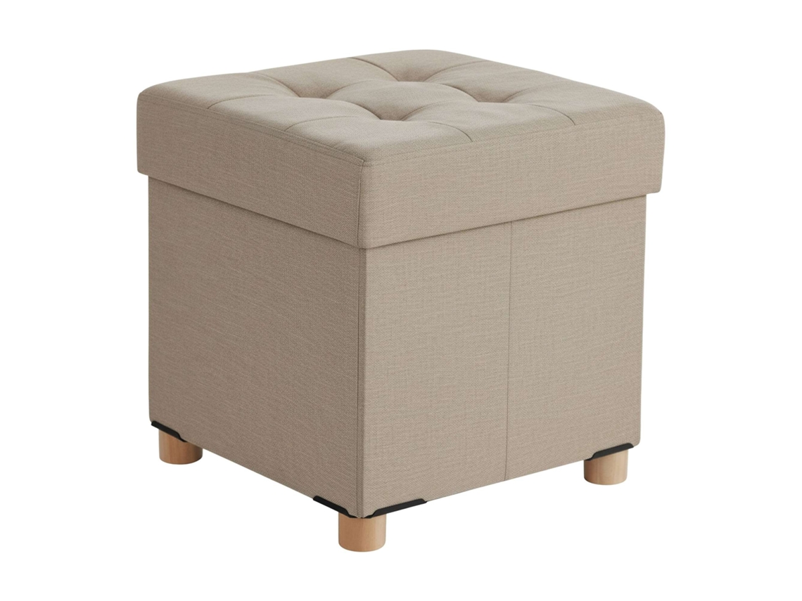 Banqueta Cubo Com Armazenamento, Assento Estofado E Pés De Madeira