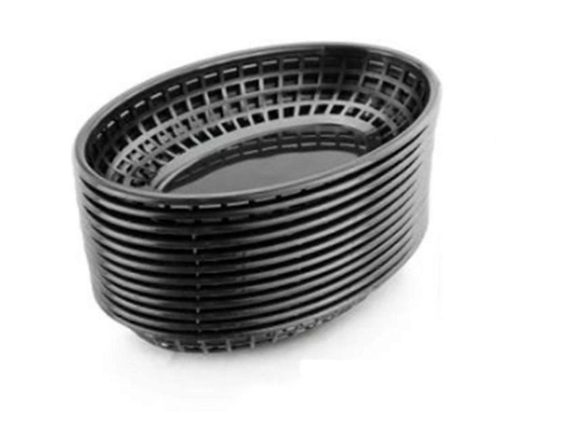 12 Cestos De Fast Food De Plástico Oval Foldeáveis Para Servir Batatas Fritas Bolo Alimentos 24x15.5x4.5cm Preto