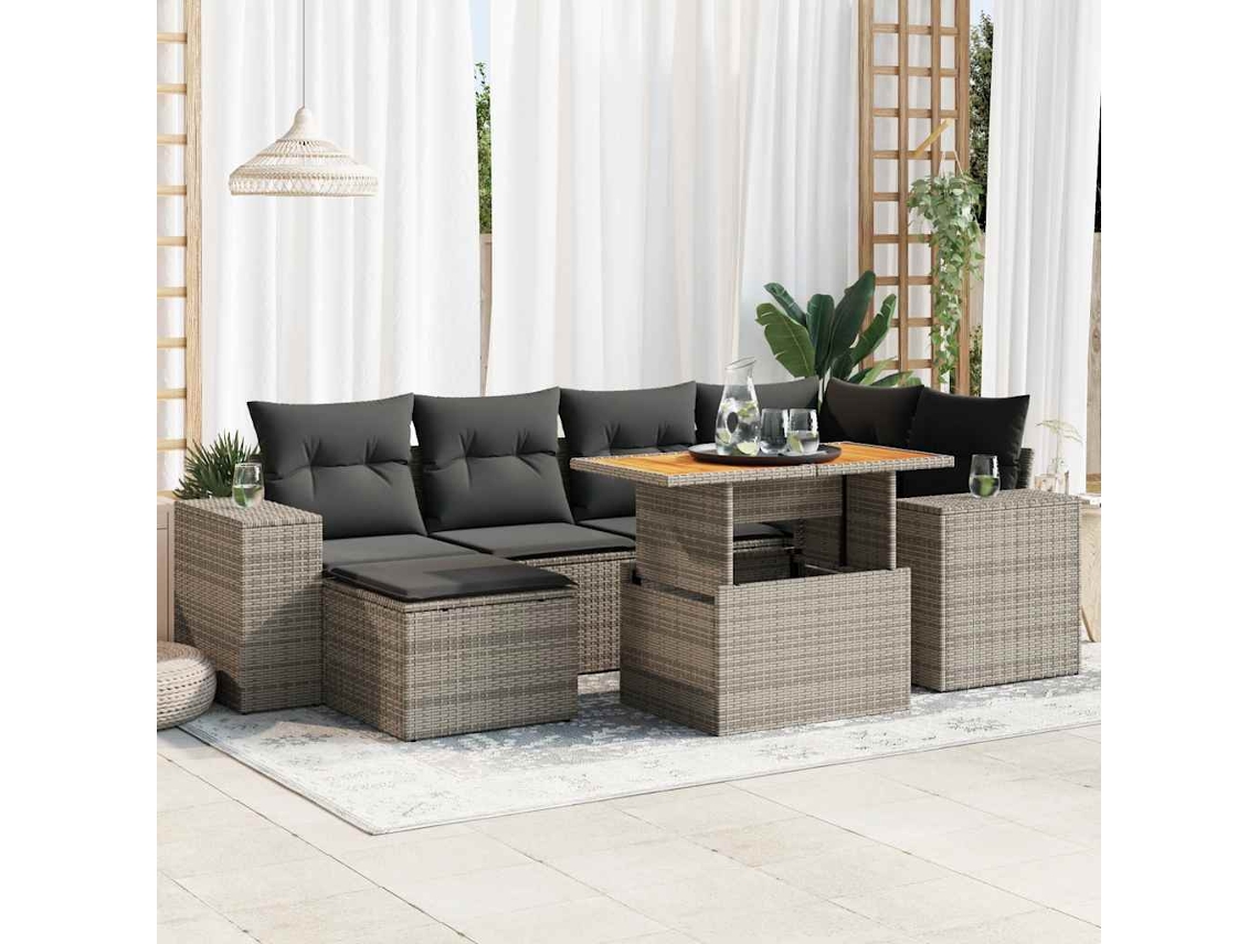Vidaxl 7 Pcs Conjunto Sofás P/ Jardim C/ Almofadões Vime Pe Cinzento