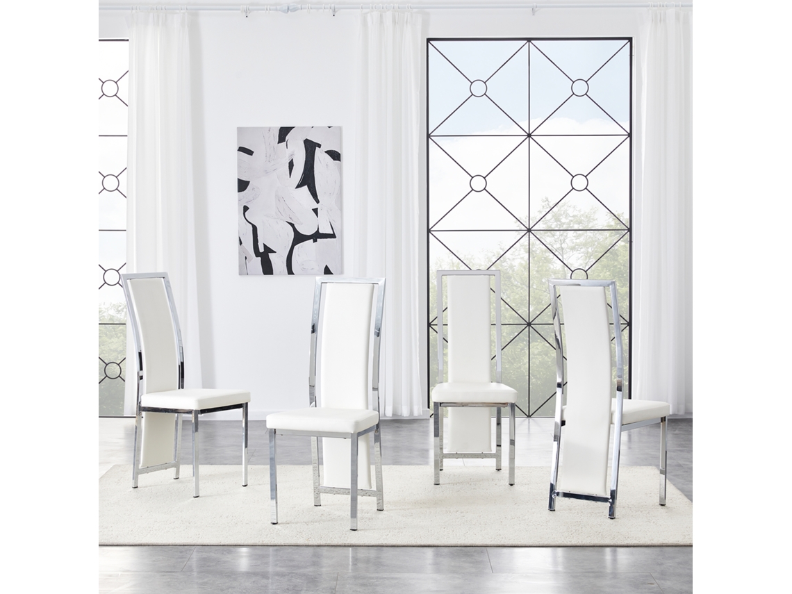Conjunto 4 Cadeiras Jantar Minimalistas Couro Pu Branco Prateado