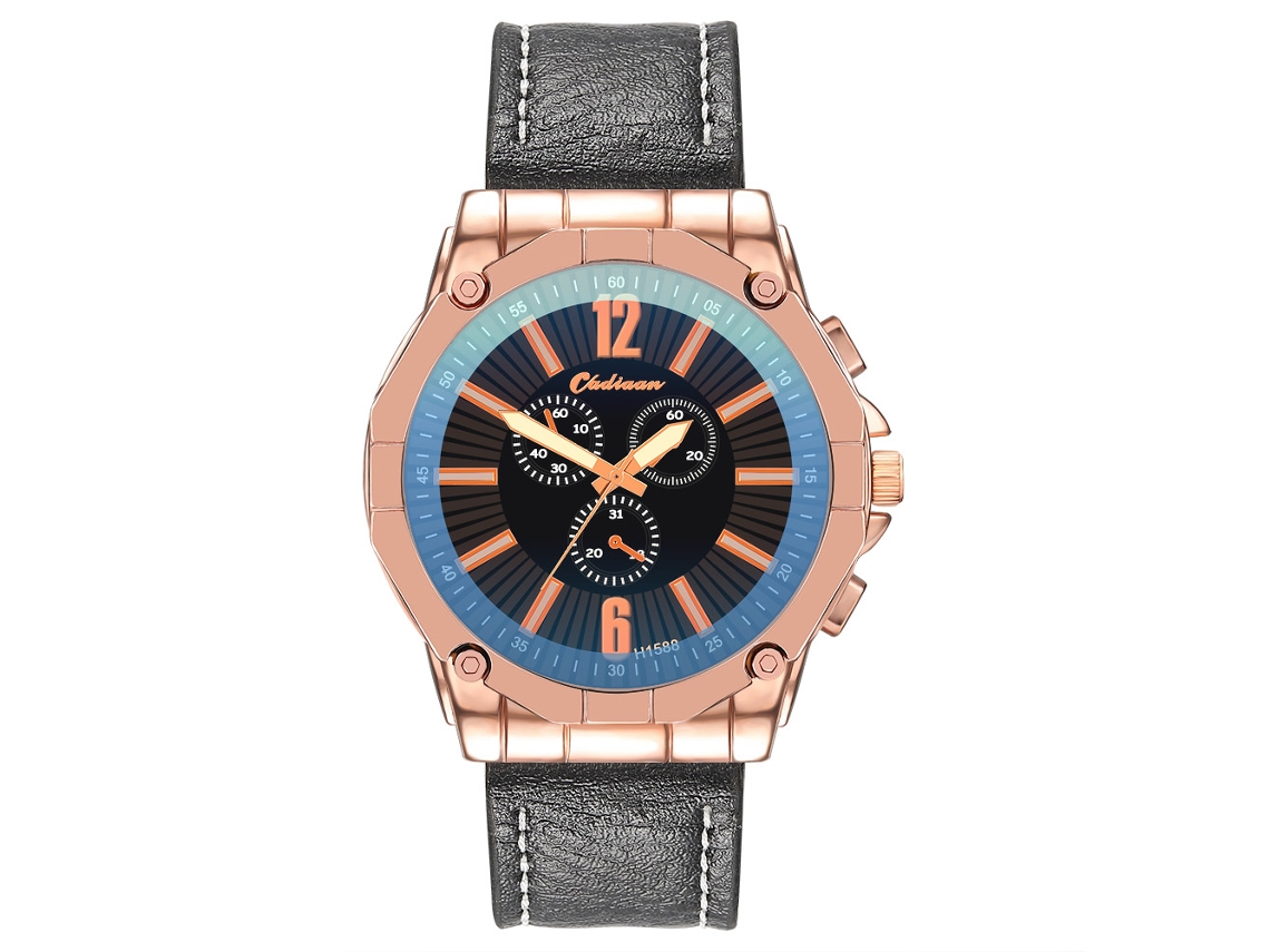 Relógio masculino de quartzo com pulseira de couro PU, estilo executivo, mostrador de três mostradores, dourado rosê, preto.