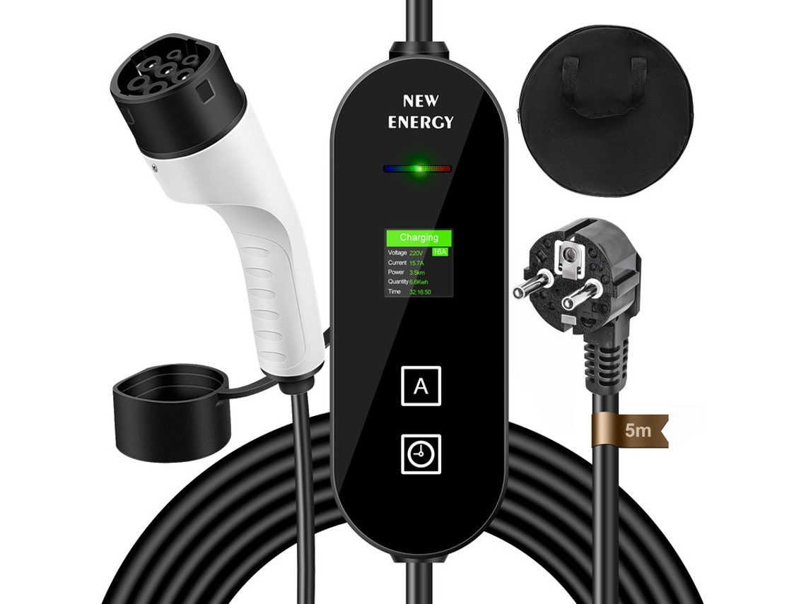 Carregador Portátil Carro Elétrico 3.5kw Tipo 2 SZSMART Qc1 Cabo Carga 5m Schuko Monofásico 16a Ajustável Ip65 Iec 62196 2 Compatível Tesla/bmw