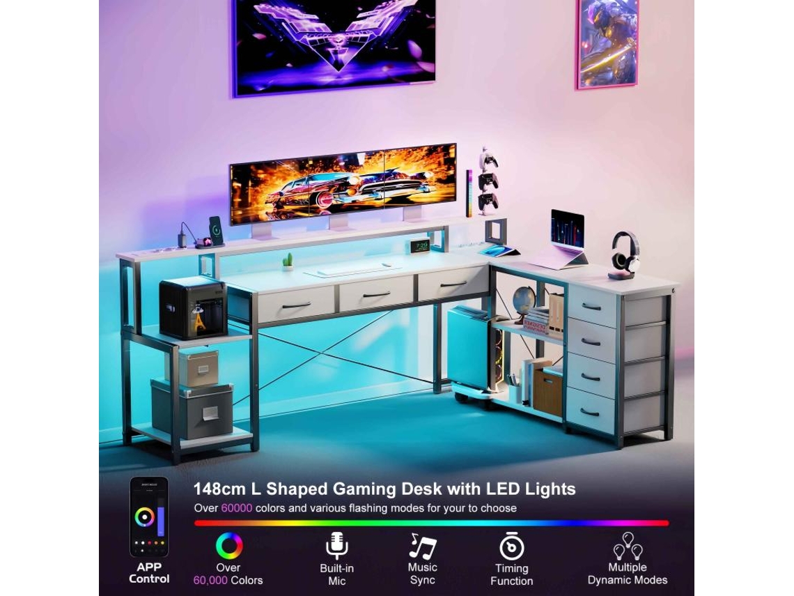 Secretária Em L 200cm Led Rgb App 7 Gavetas Suporte Monitor Tomadas Integradas Reversível Branco Gaming