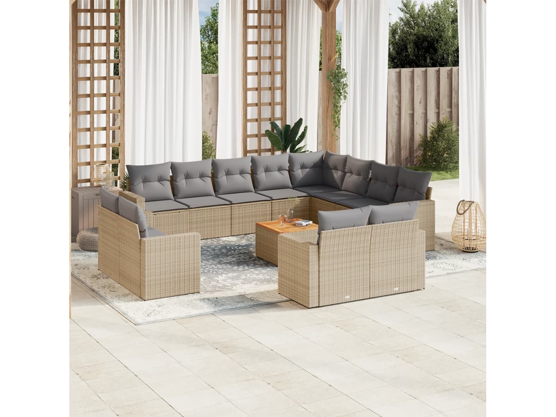Vidaxl 13 Pcs Conj. Sofás Jardim C/ Almofadões Vime Pe Bege Misturado
