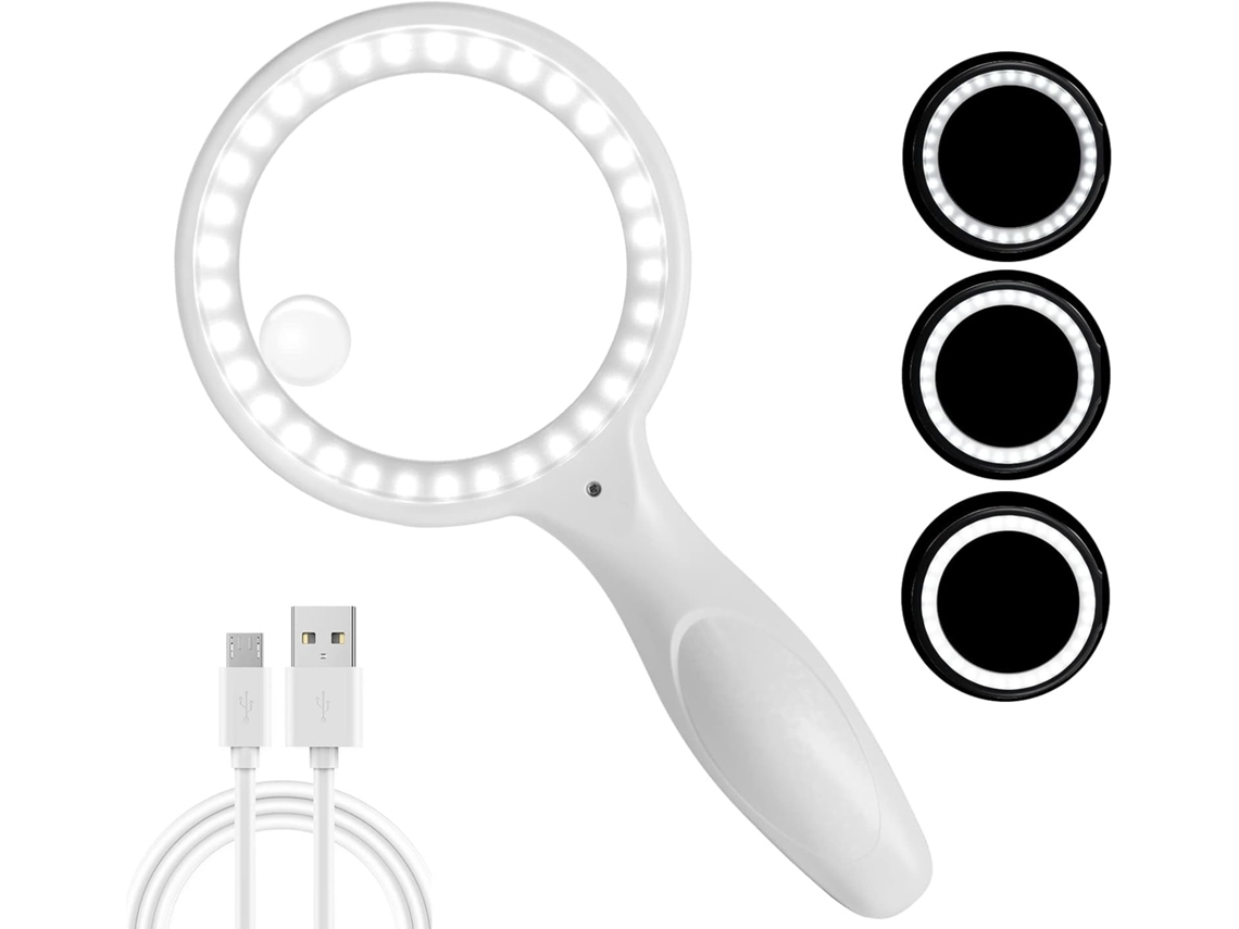 Lupa Com Luz Led Para Leitura E Ampliação Nítida, 33 Led, 3 Modos, 11 Polegadas, Acabamento Branco Elysve