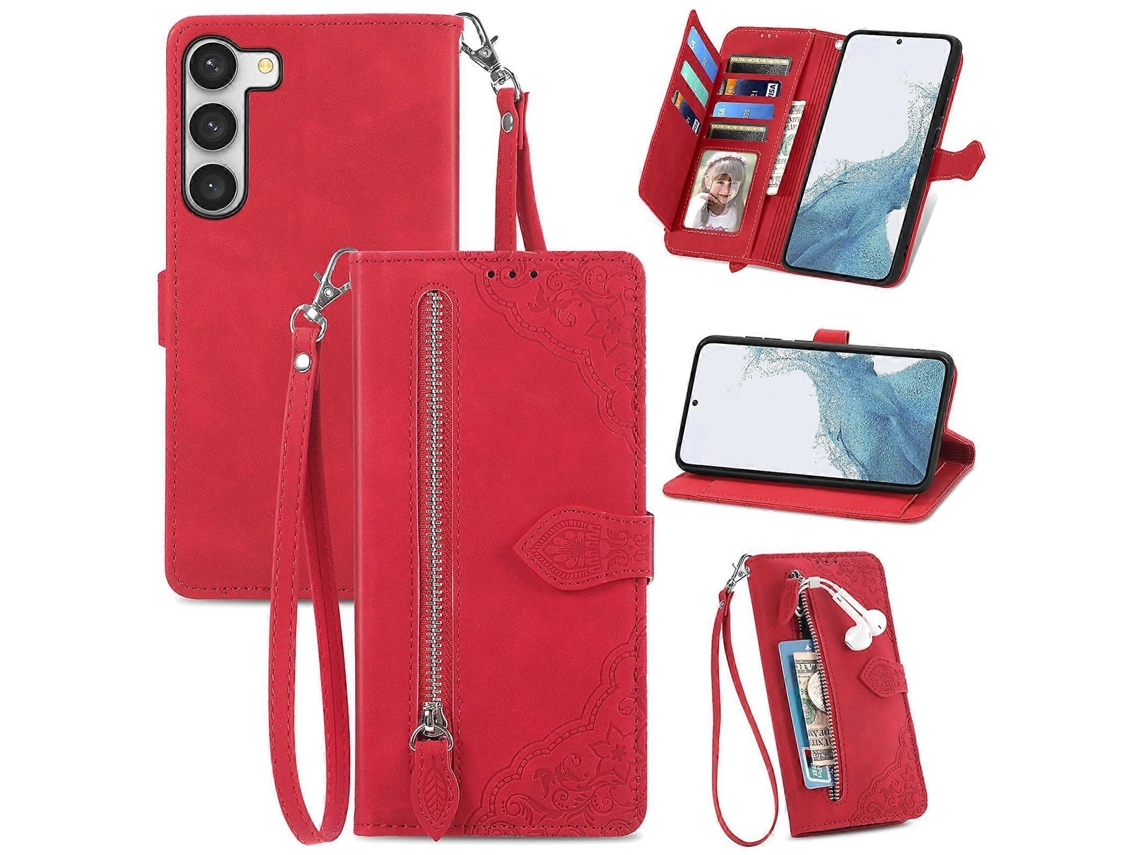 Capa De Couro Com Zíper E Estampa Floral Em Relevo Para Samsung Galaxy S23 Ultra 5g