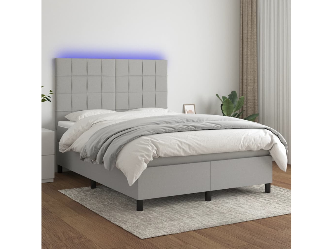Cama Box Spring C/ Colchão E Led 140x190 Cm Tecido Cinza-claro